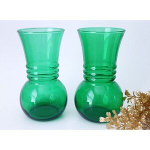 2 Vintage Forest Green Vases Anchor Hocking Vase  1960's